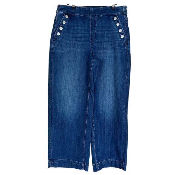 Chico's Denim - Chico's Wide Leg Ankle U.S Sz 10R (1.5) Dark Blue Pull-On Jeans Buttoned Pockets